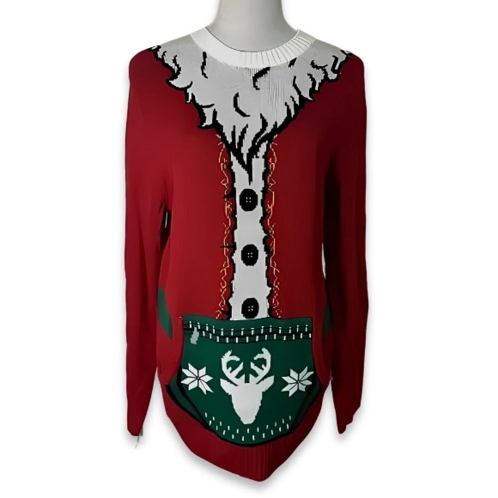 Ugly Christmas Holiday Sweater Santa Suit Print Long Sleeve Red Men's Small NWOT